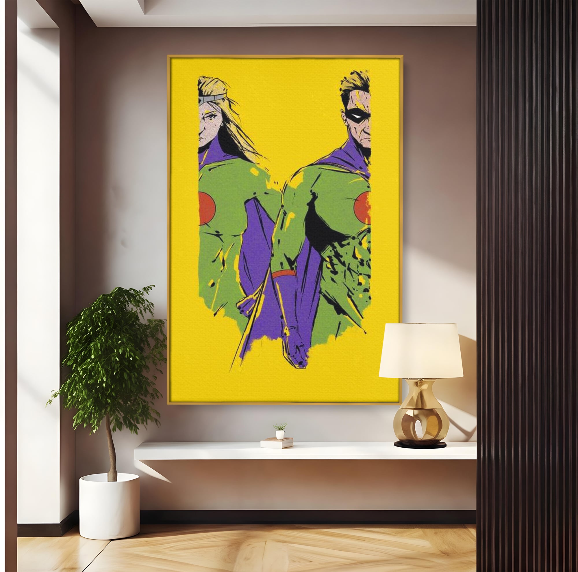 Tablou canvas cu tablou canvas cu doi supereroi pe fundal galben, in rama de aluminiu auriu